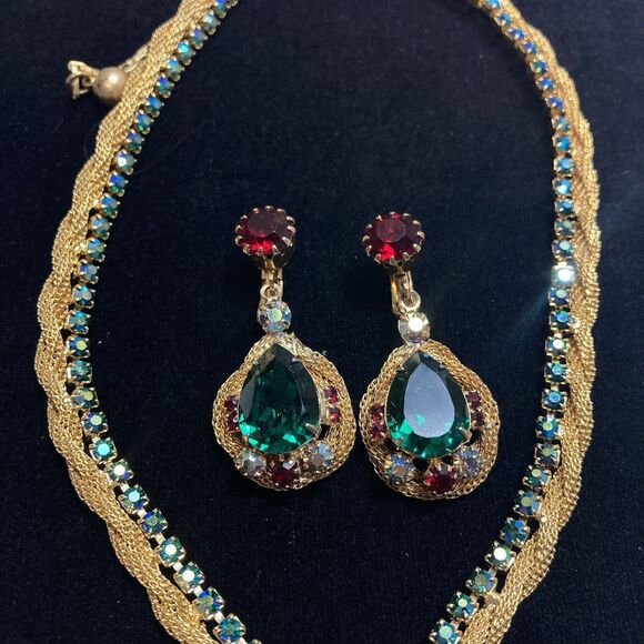 RARE JULIANA D&E EMERALD RUBY AB RHINESTONE necklace earrings Mesh Gold Book - Picture 2 of 16